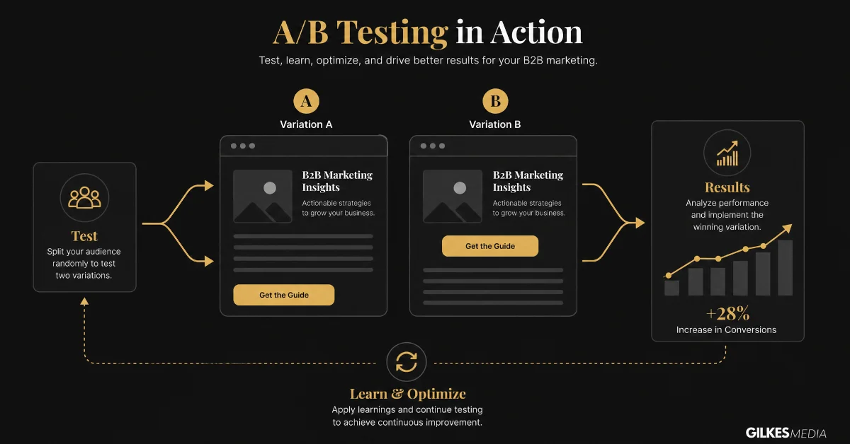 A sketch illustrating A/B testing with two website variations (A and B) and an upward trend representing impact.