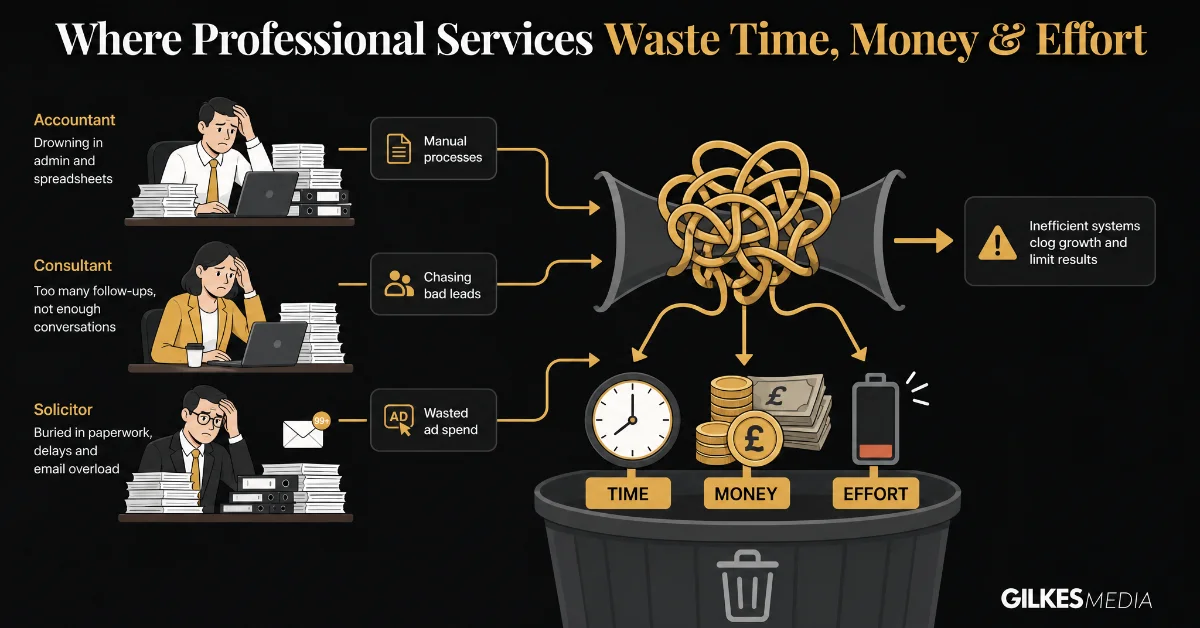 Cartoon illustrating time, money, and effort from UK Professional Services being wasted due to inefficiencies.