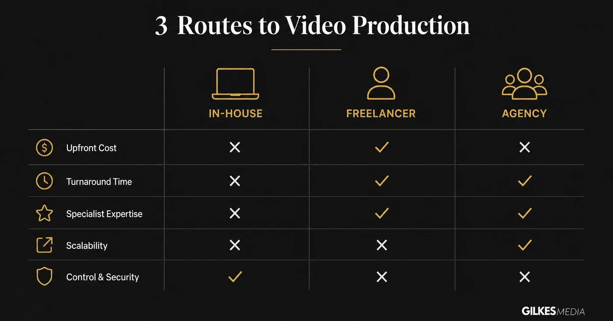 Comparison chart of in-house, freelance and agency video production options across cost, quality and turnaround