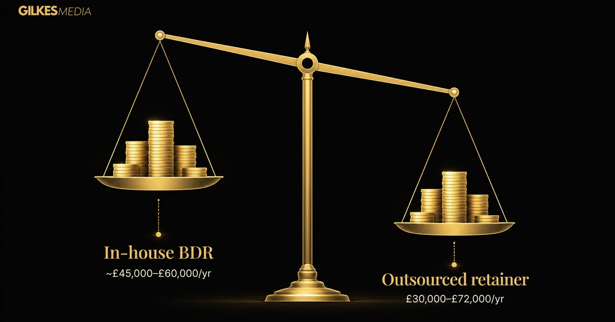 Balance scale comparing in-house BDR cost against outsourced lead generation retainer cost