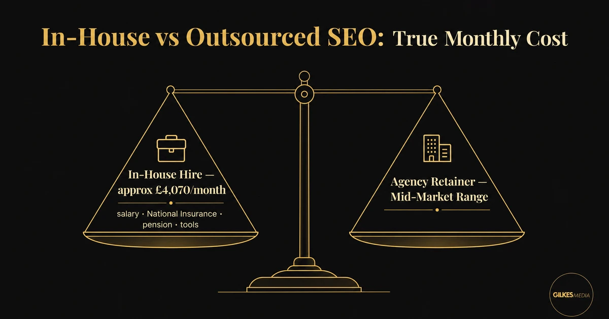 Balance scale comparing true monthly cost of an in-house SEO hire against an outsourced agency retainer