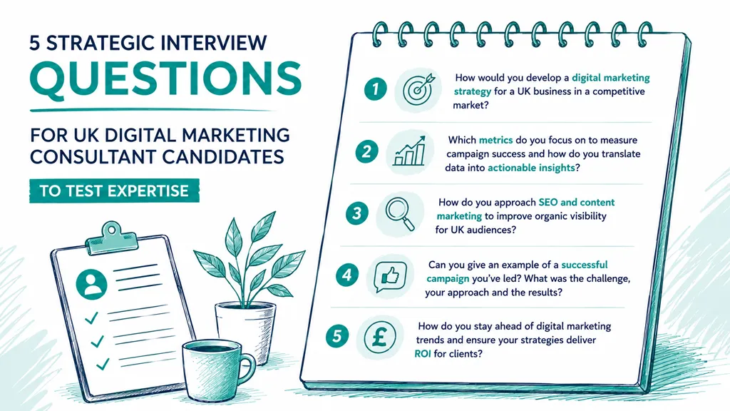 A list of five strategic interview questions designed for UK digital marketing consultant candidates to test expertise.