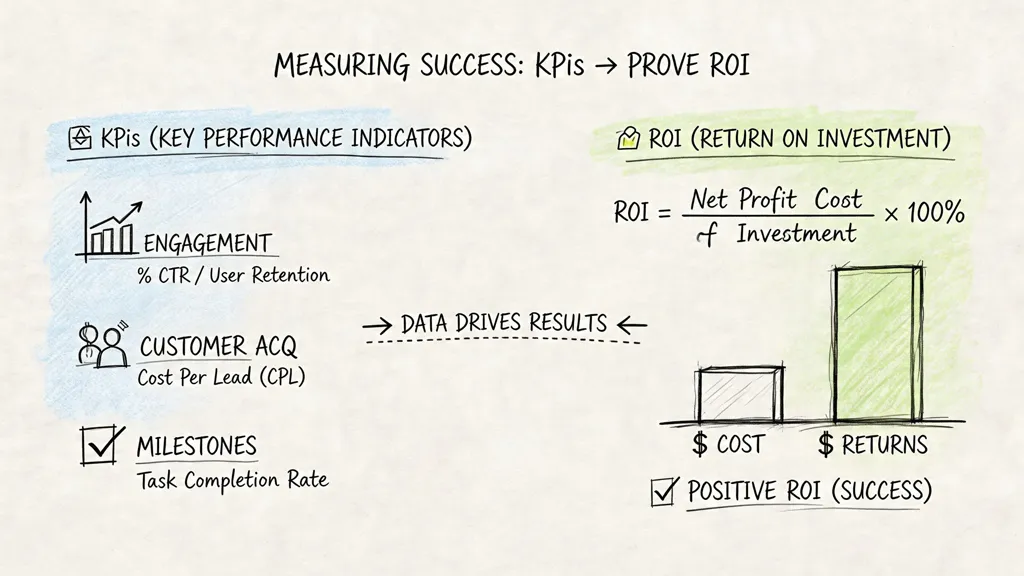 A hand-drawn sketch illustrating how key performance indicators lead to measuring return on investment for business success.