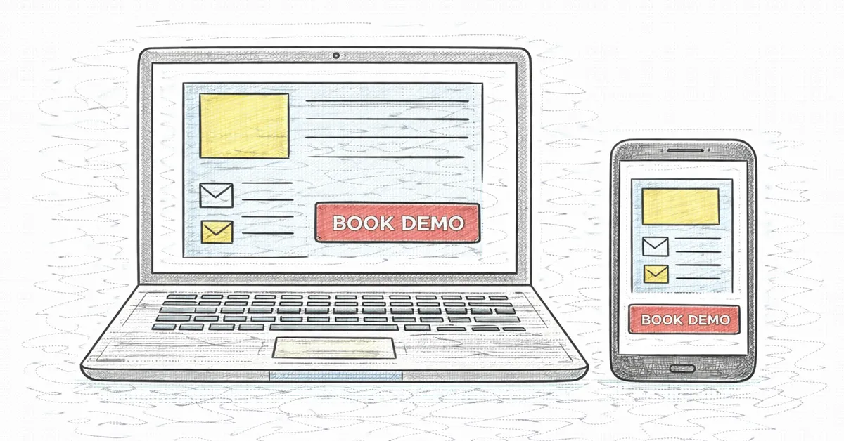 Hand-drawn sketch of a laptop and smartphone displaying a landing page with a 'Book demo' button.