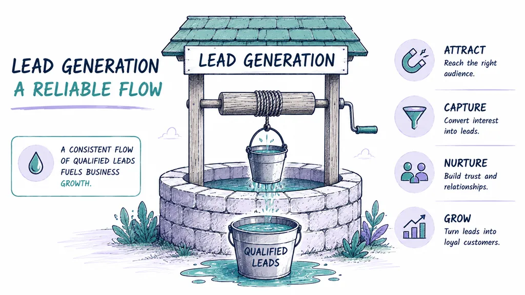 A hand-drawn illustration of a water well featuring a bucket, representing lead generation as a reliable flow.