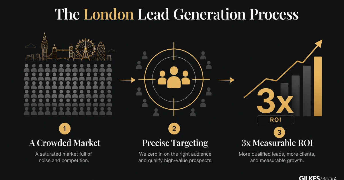 Diagram illustrating the London lead generation process: crowded market, precise targeting, leading to 3x measurable ROI.