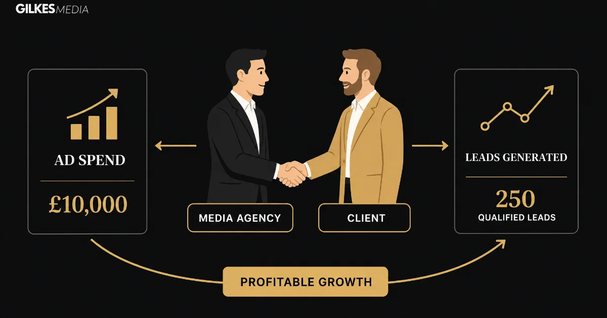 Two businessmen shaking hands, representing a media agency and client, with metrics for ad spend and leads.