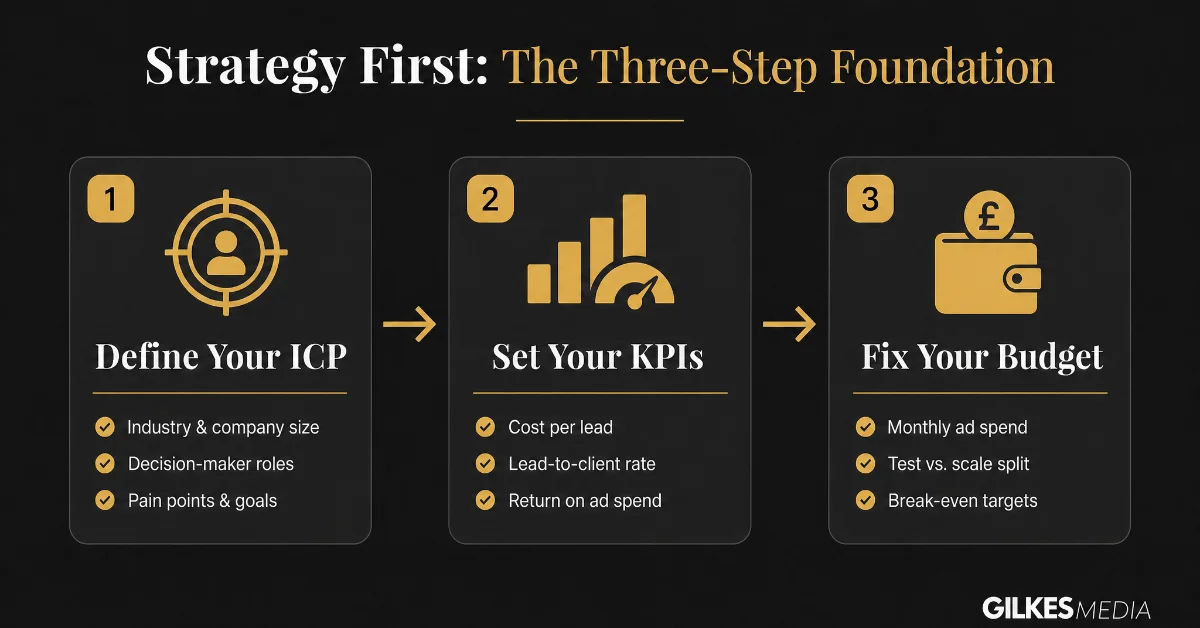 A strategy first process flow infographic detailing steps for defining ICP, setting KPIs, and fixing budget.