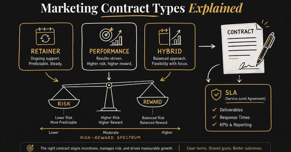 Hand-drawn illustration of contract types (retainer, performance, hybrid), risk-reward balance, and a contract with SLA.