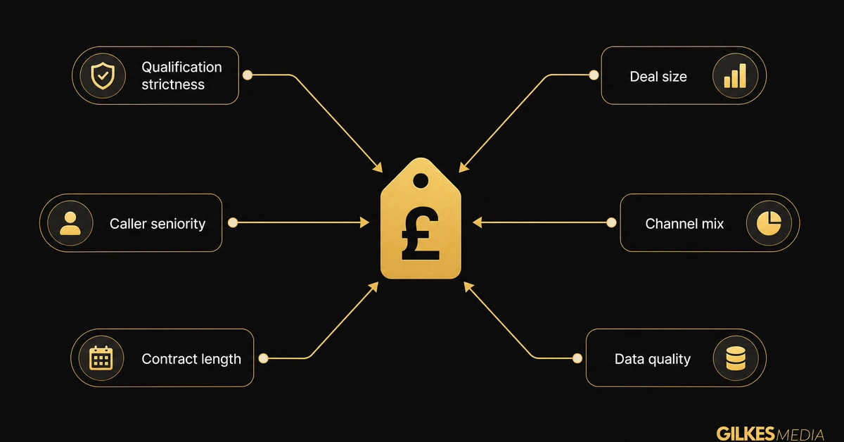Diagram showing six factors that drive lead generation pricing converging on a price tag icon