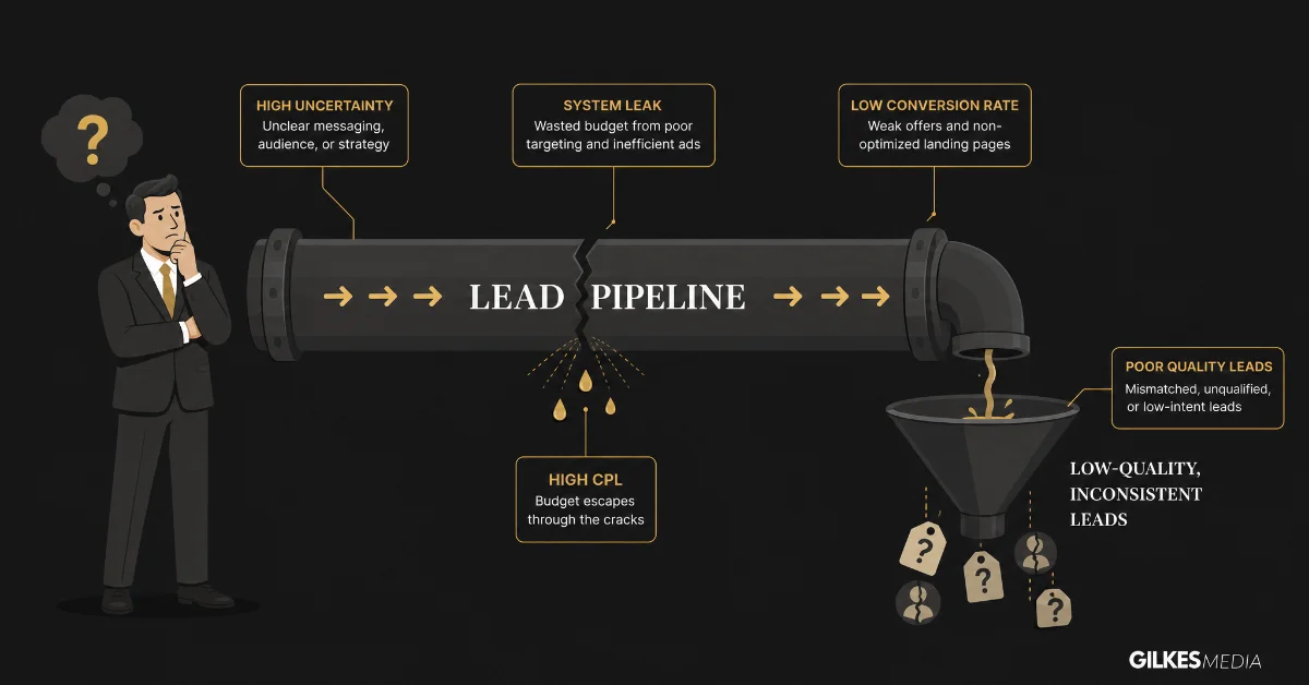 Illustration of a businessman pondering a cracked pipeline leaking high CPL and producing low quality, inconsistent leads.