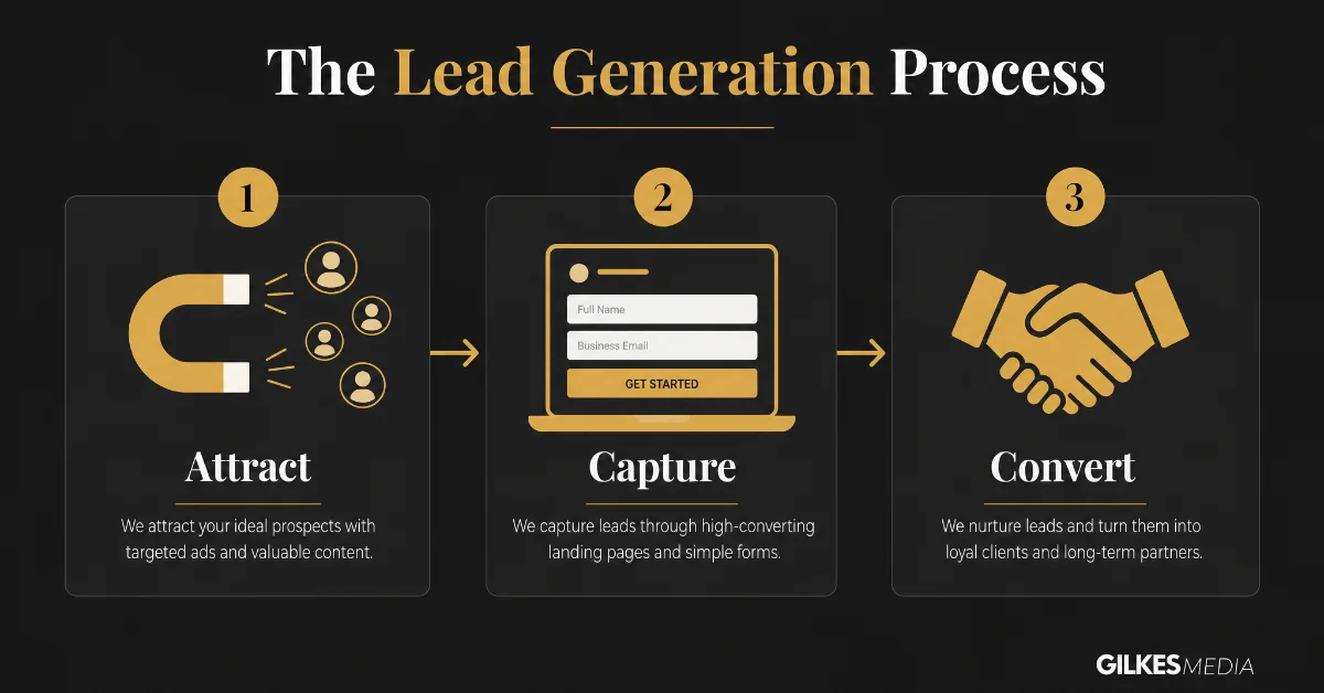 Lead generation process diagram showing Attract, Capture with web form, and Convert steps with a handshake.