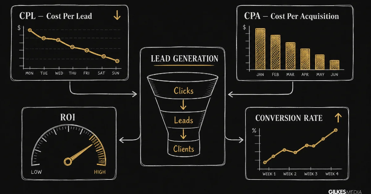 Hand-drawn dashboard sketch visualizing key marketing metrics like CPL, CPA, and lead generation performance.