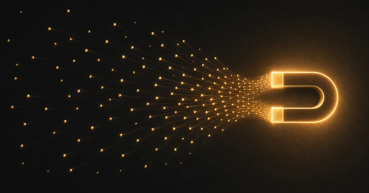 A glowing gold magnet pulling in a stream of glowing lead particles