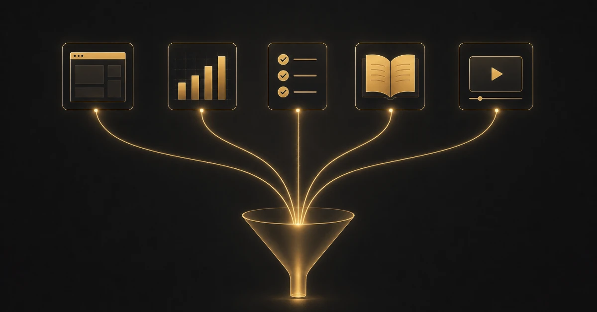 Five distinct gold lead magnet formats arranged around a funnel: template, chart, checklist, guide and webinar screen
