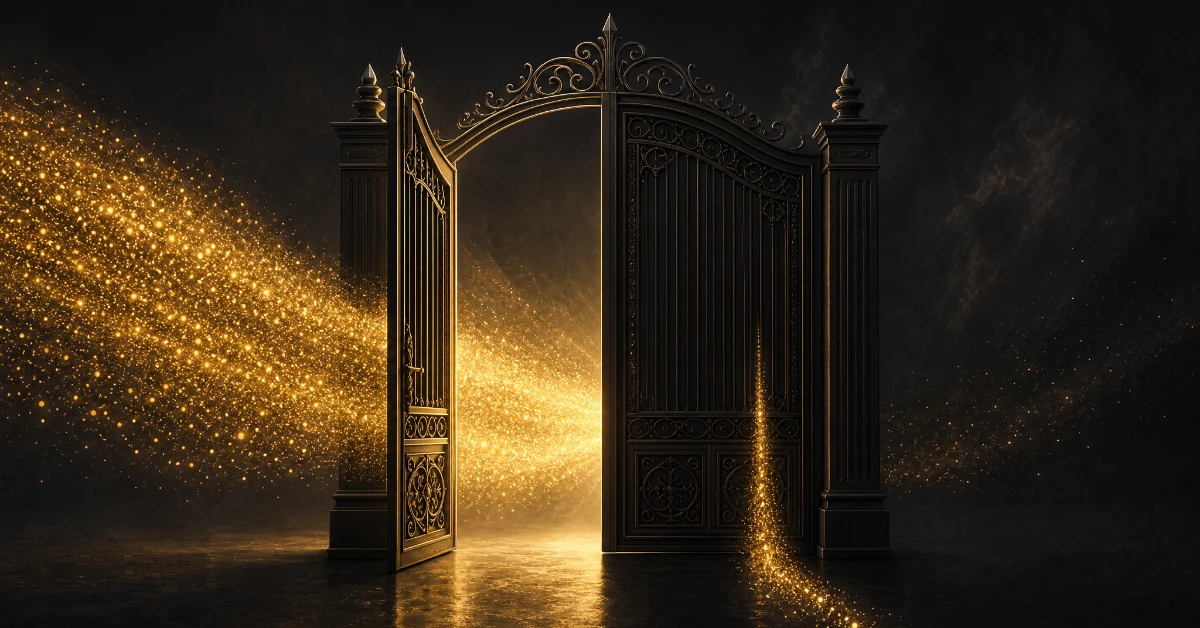 A glowing gold gate half open with particles flowing through at different rates, representing form friction and gating
