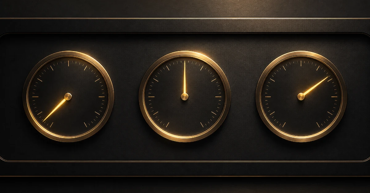 Three gold gauges measuring landing page conversion, lead-to-customer rate and cost per lead