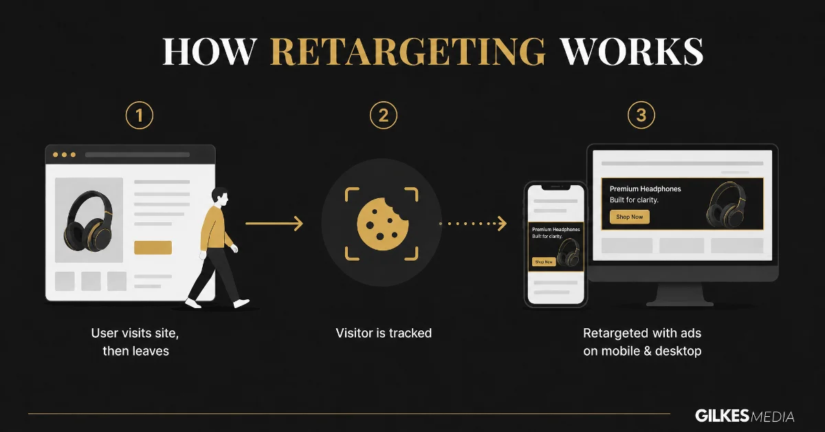Illustration of retargeting showing a user leaving a browser, then targeted with ads on mobile and desktop.
