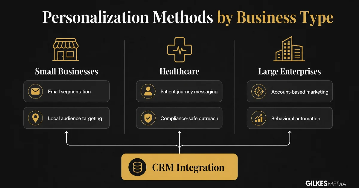 Visualizing personalization methods for small businesses, healthcare, and large enterprises with CRM integration.