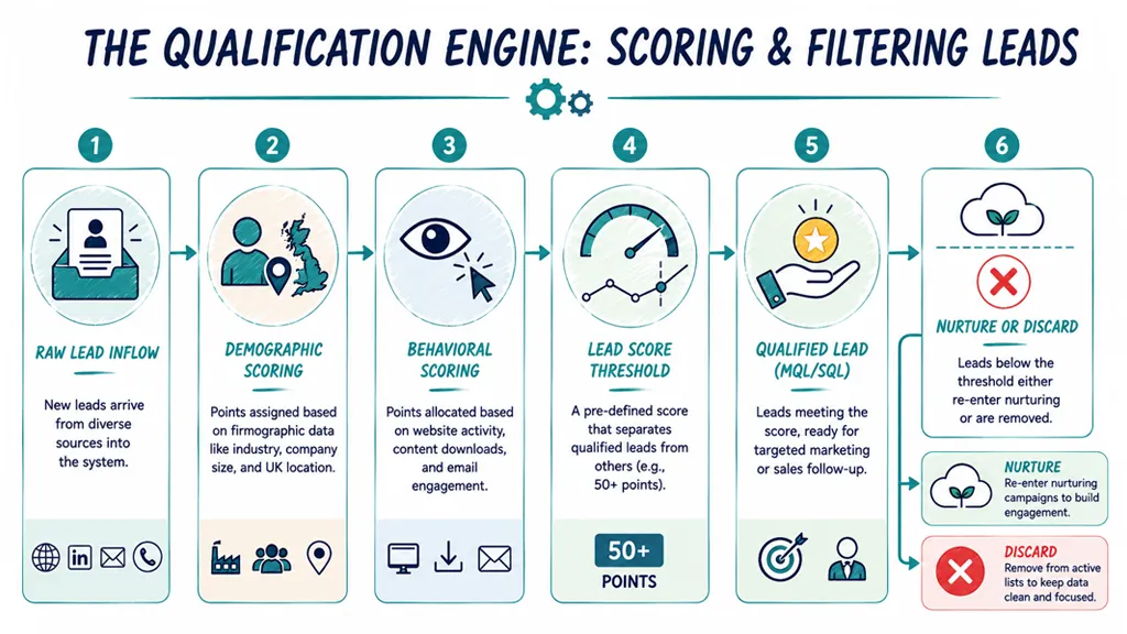 A flowchart diagram explaining a six-step lead qualification engine process for scoring and filtering business sales leads.