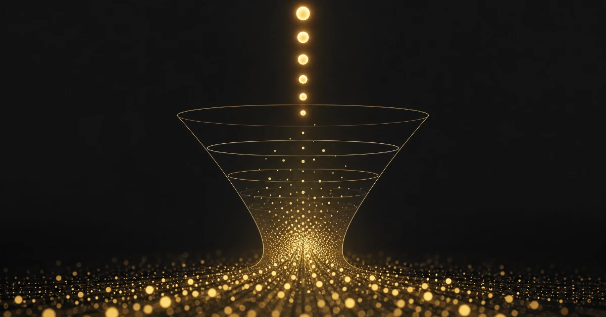 Glowing lead particles being ranked and sorted through a funnel, representing lead scoring