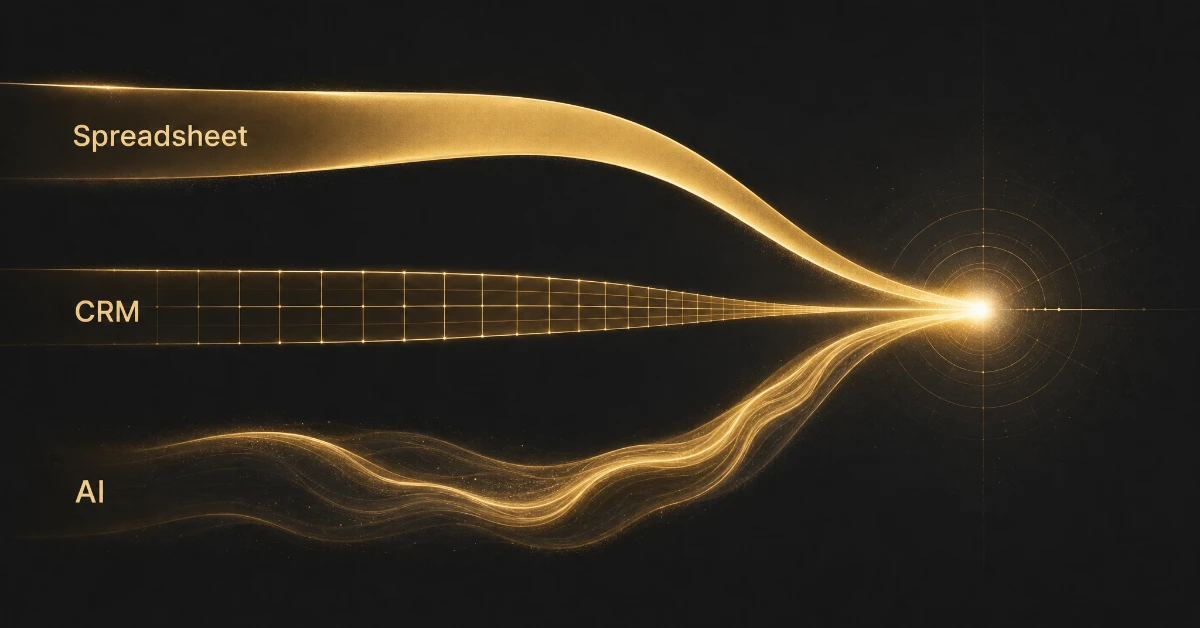 Three gold pathways labelled Spreadsheet, CRM and AI converging toward a scored lead