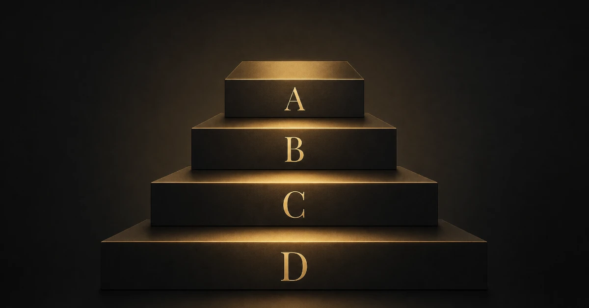 Four gold tiers labelled A, B, C and D stacked like steps, representing lead grading