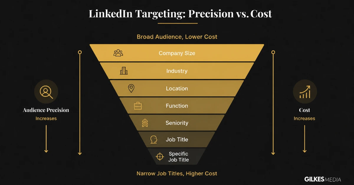 Funnel showing the trade-off between broad LinkedIn targeting at lower cost and narrow job-title targeting at higher cost