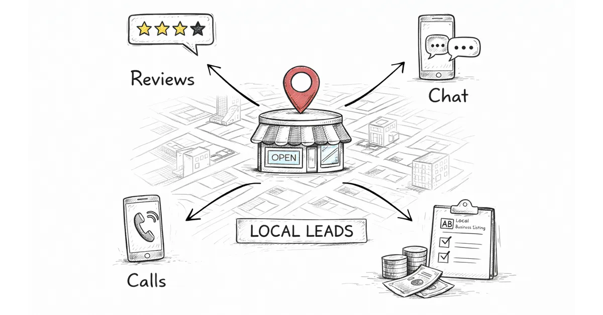 An illustration showing a local business on a map, connecting local leads via reviews, chat, calls, and citations.