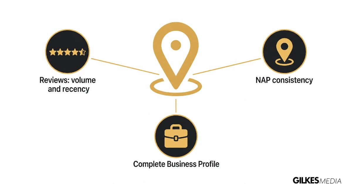 Local map pack ranking factors: reviews, NAP consistency, complete Google Business Profile