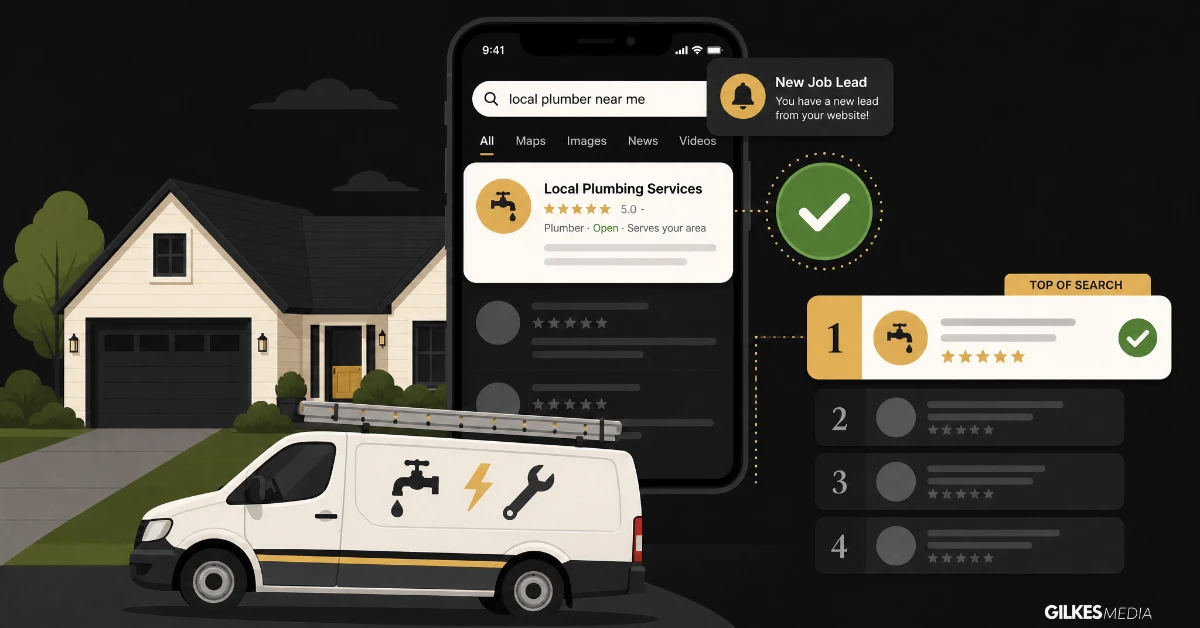 A tradesperson van with a phone notification and Google Guaranteed badge, representing Google Local Services Ads at the top of search