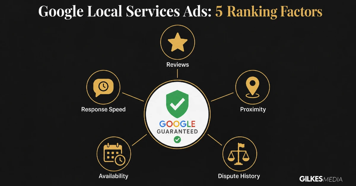 Diagram of five Local Services Ads ranking factors: reviews, response speed, proximity, availability, dispute history