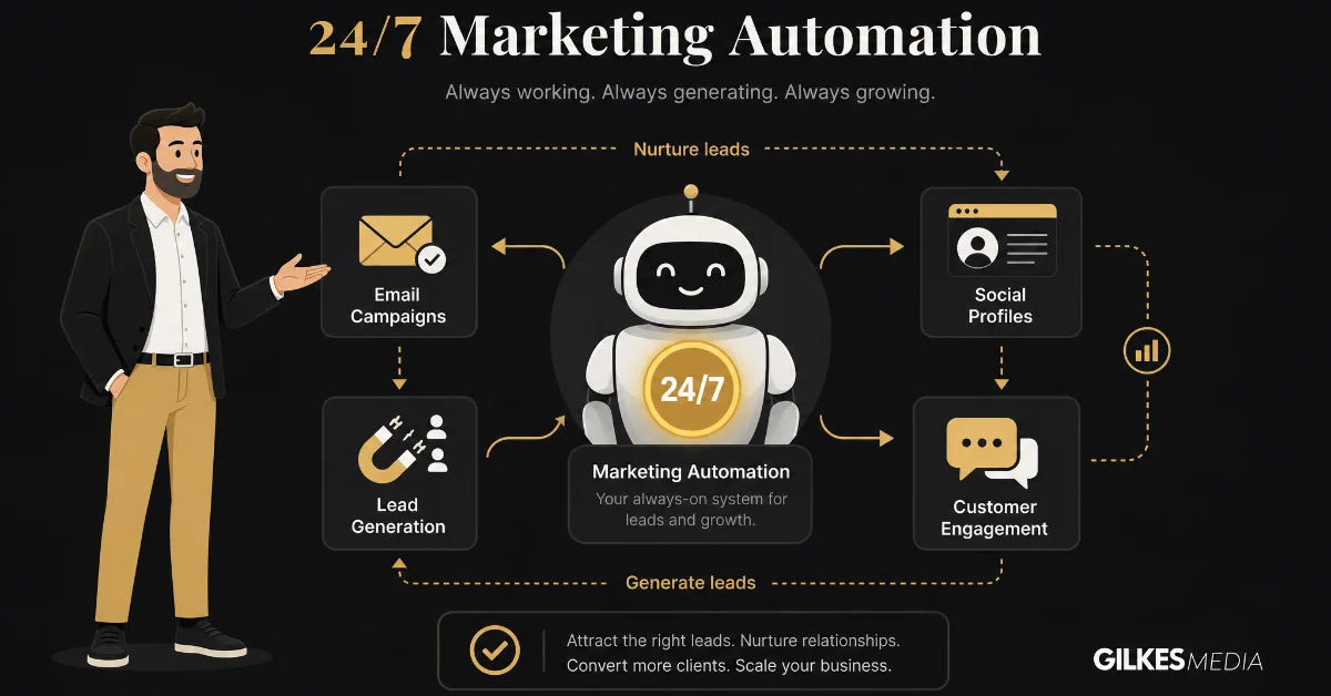 A man points to a 24/7 marketing automation robot generating leads and engaging with customers via email and profiles.