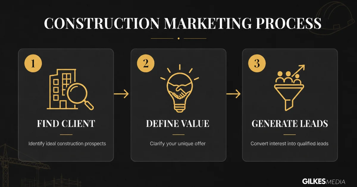 A construction marketing process flow diagram with three steps: find client, define value, and generate leads.