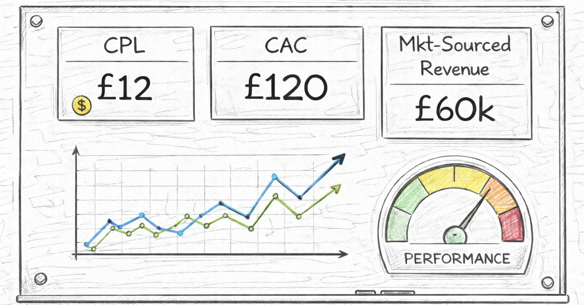 A sketch-style marketing dashboard showing CPL, CAC, Mkt-Sourced Revenue, a line graph, and a performance gauge 