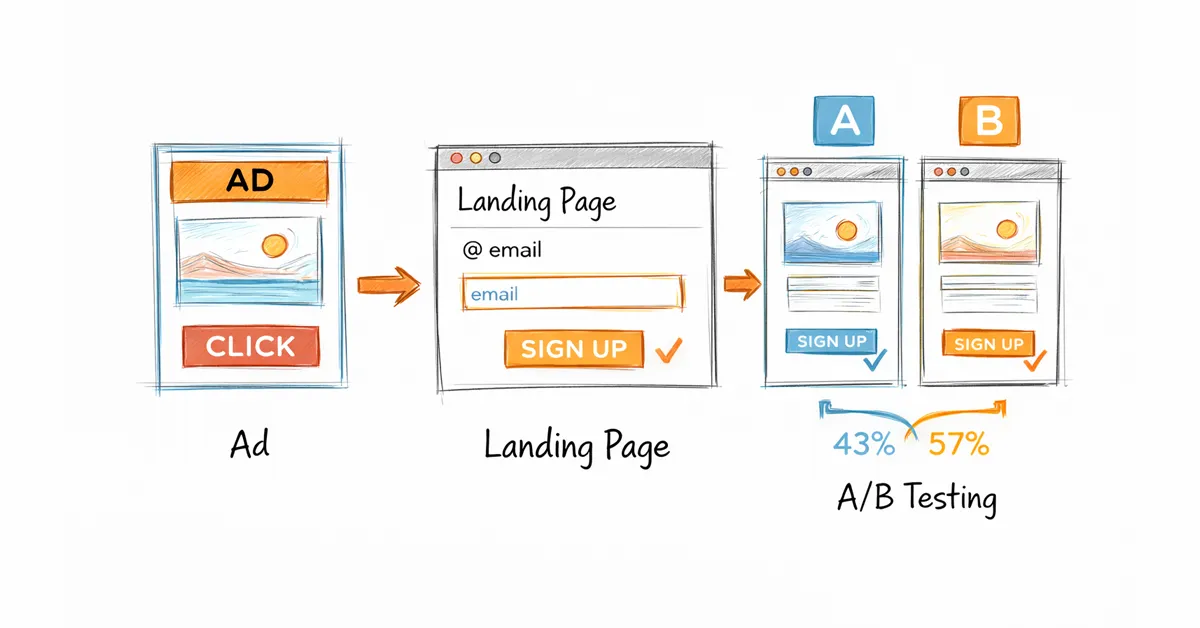 Sketched diagram showing a marketing funnel: ad, landing page sign-up, and A/B testing.