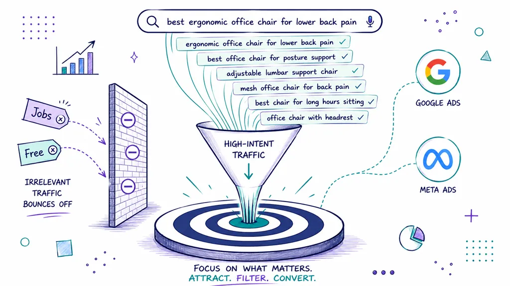 A marketing funnel illustration showing how to filter irrelevant traffic and attract high-intent customers for conversions.