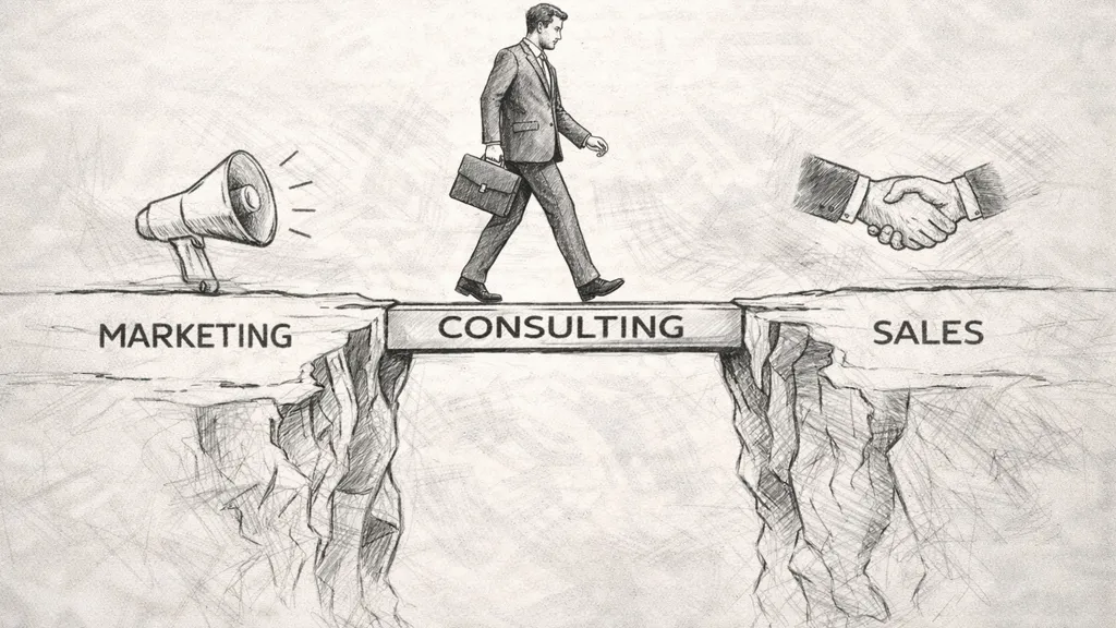 Businessman bridging a chasm between Marketing (megaphone) and Sales (handshake) departments with consulting.