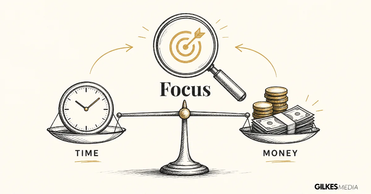 A sketched balance scale with a clock on one side and money on the other, magnified by a target symbol and the word 'Focus'.