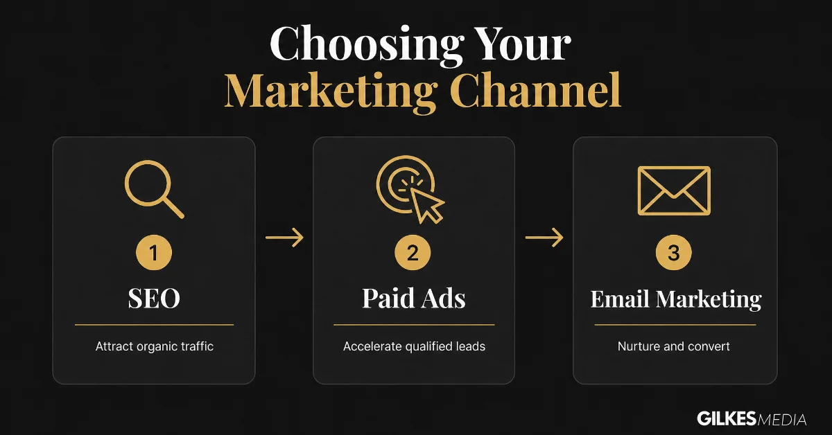 A diagram outlining a channel selection process with three steps: SEO, Paid Ads, and Email Marketing.