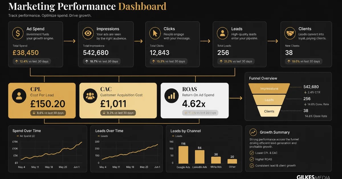 Sketch of a marketing dashboard with key performance indicators like CPL, CAC, ROAS and data visualizations.