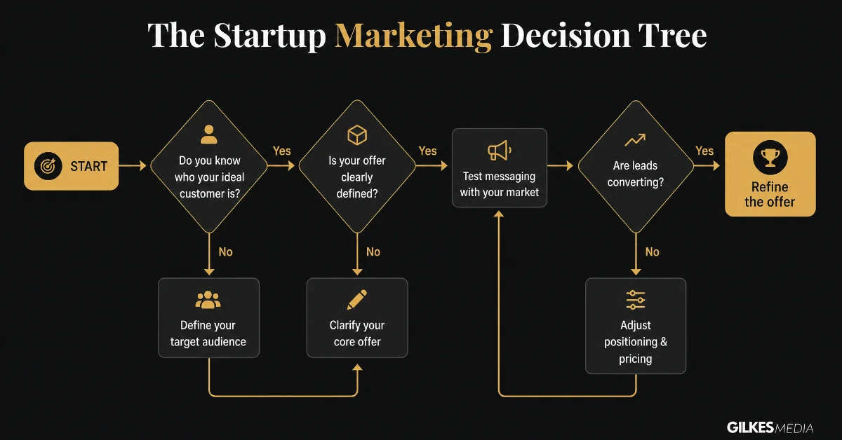 A startup marketing decision tree flowchart, guiding from start to refining the offer.