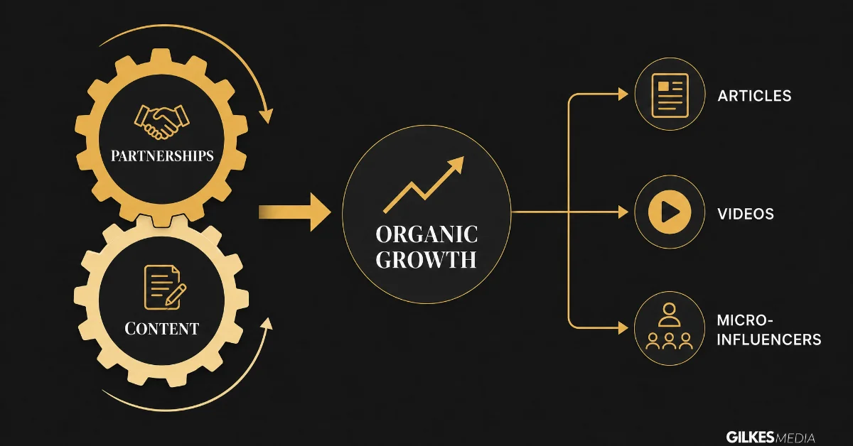 Two gears, 'Partnerships' and 'Content,' driving 'Organic Growth' with articles, videos, and micro-influencers.