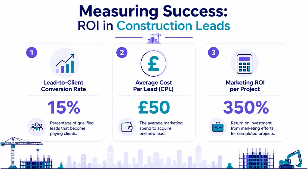An infographic titled Measuring Success showing three key marketing metrics for construction business lead generation.