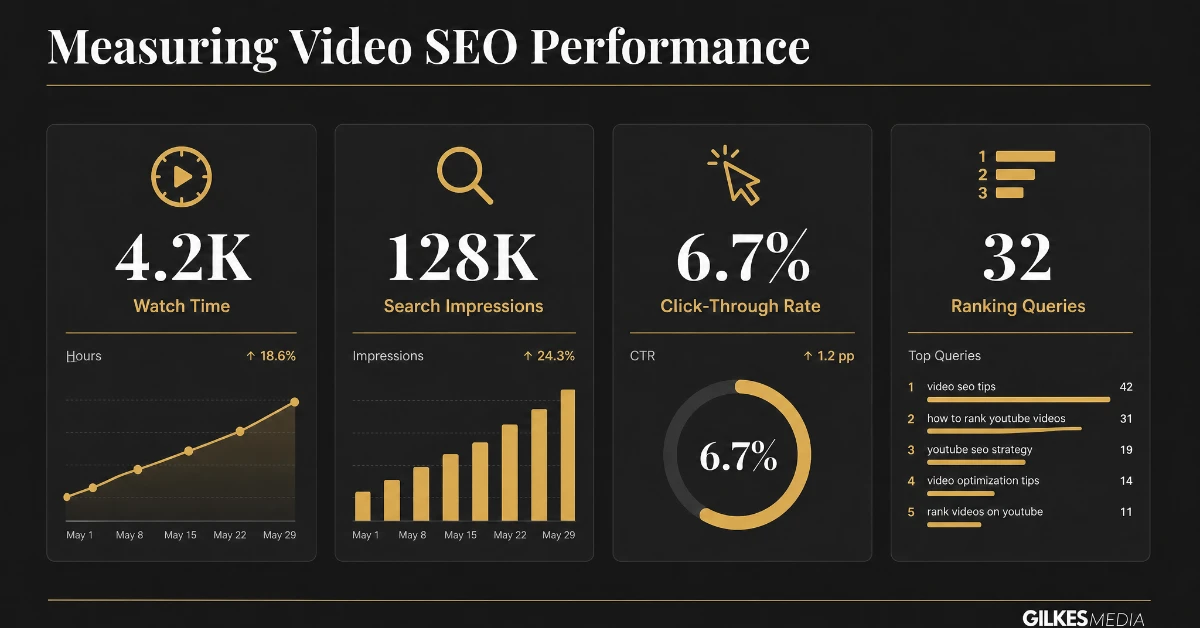 Dashboard for measuring video SEO: watch time, search impressions, click-through rate, ranking queries