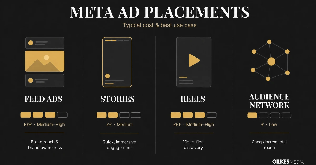 Cost comparison of Meta ad placements: Feed, Stories, Reels, Audience Network