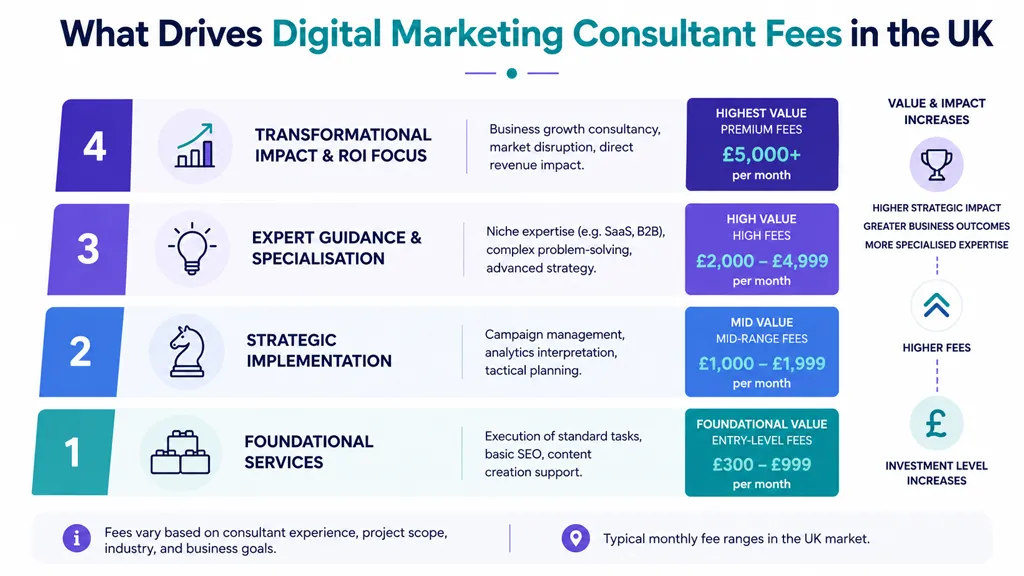 A tiered pyramid chart illustrating the monthly fee ranges for digital marketing consultants in the UK.