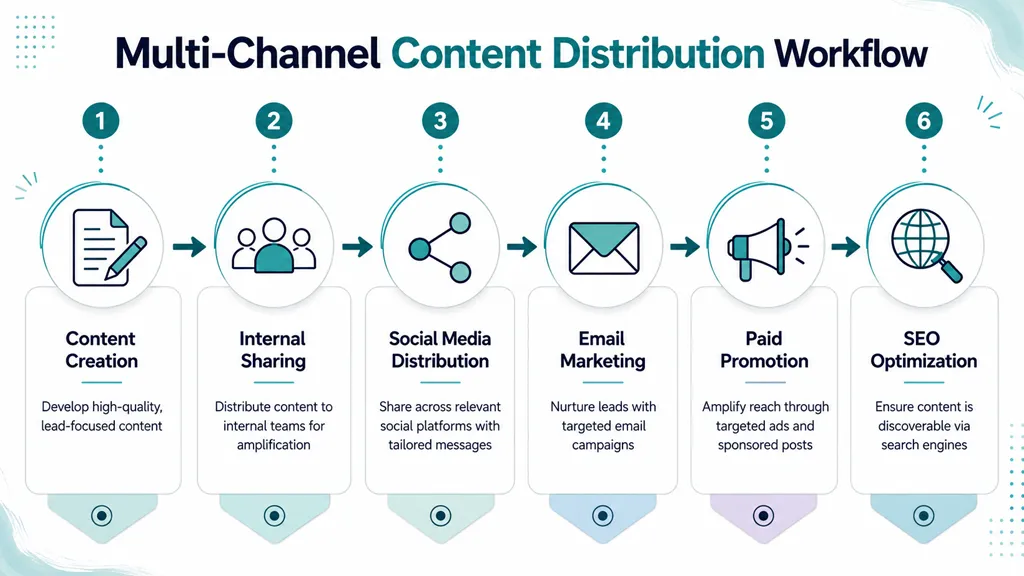 A six-step diagram illustrating a multi-channel content distribution workflow for effective lead generation and content marketing.