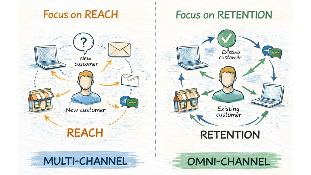 Diagram comparing multi-channel marketing, which is built for reach, with omni-channel marketing, which is built for customer retention and loyalty