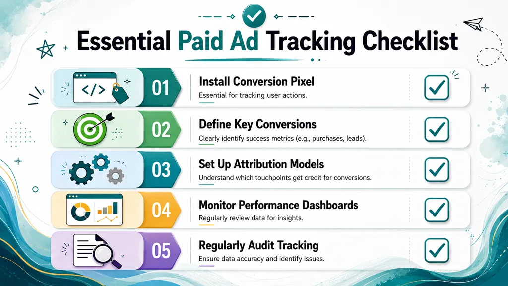 A checklist infographic titled Essential Paid Ad Tracking with five steps for effective digital marketing management.